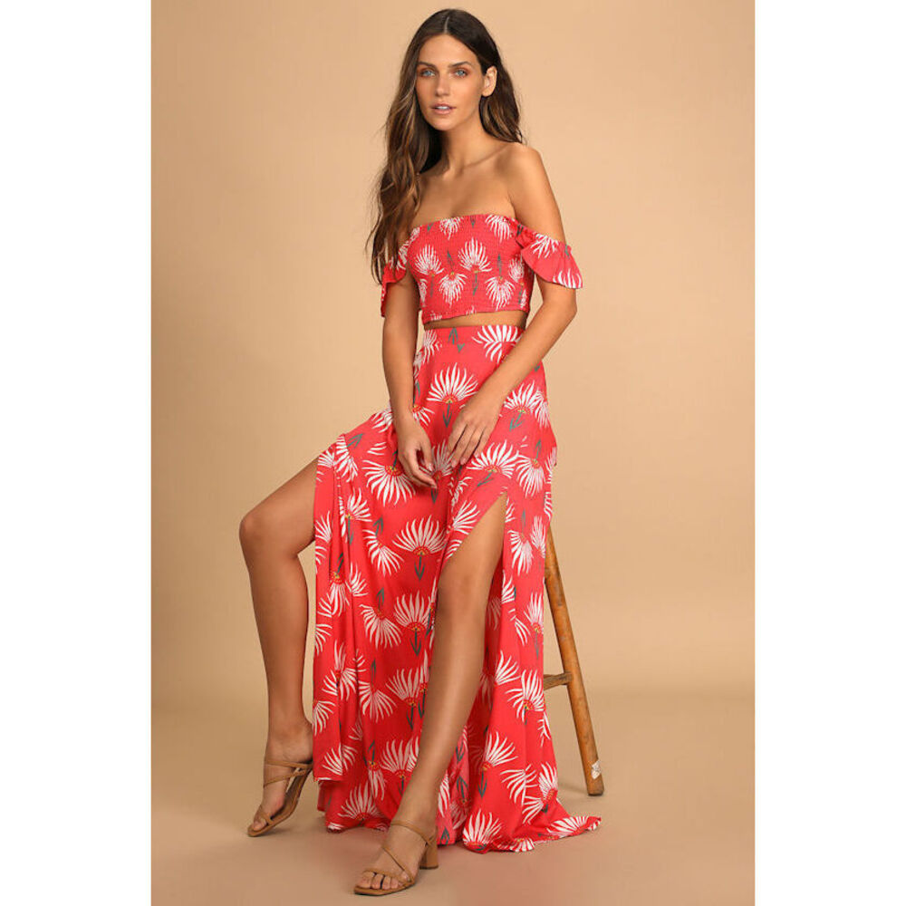 Lulus Trancoso Coral Floral Maxi Skirt Pink - Size S